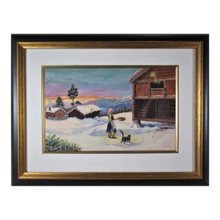 Paul Lilo Stenberg, Winter Landscape, with Woman and Cat, Circa 1940 For Sale