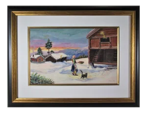 Paul Lilo Stenberg, Winter Landscape, with Woman and Cat, Circa 1940