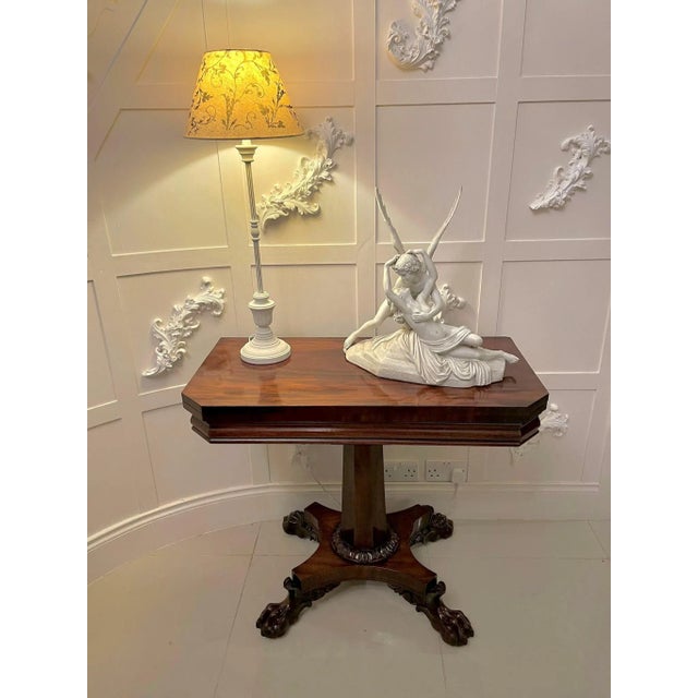 Antique william iv quality figured mahogany tea table having a quality mahogany fold over top opening to reveal a polished...