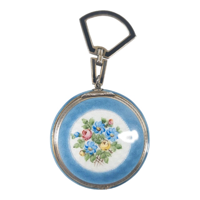 Early 20th Century Blue Guilloche Enamel Floral and Sterling Silver Makeup Compact For Sale