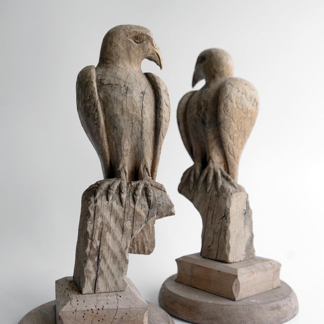 Brown Pair of Antique French Folk Art Carved Oak Falcon Figures, Wooden Bird Sculpture For Sale - Image 8 of 14