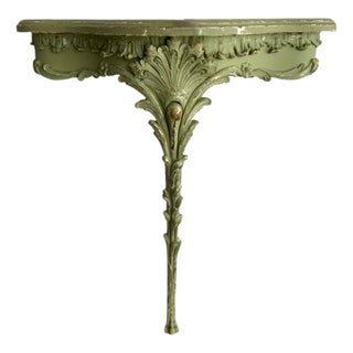 Antique, French, Hand-Carved Demilune Console in Green Painted Finish For Sale