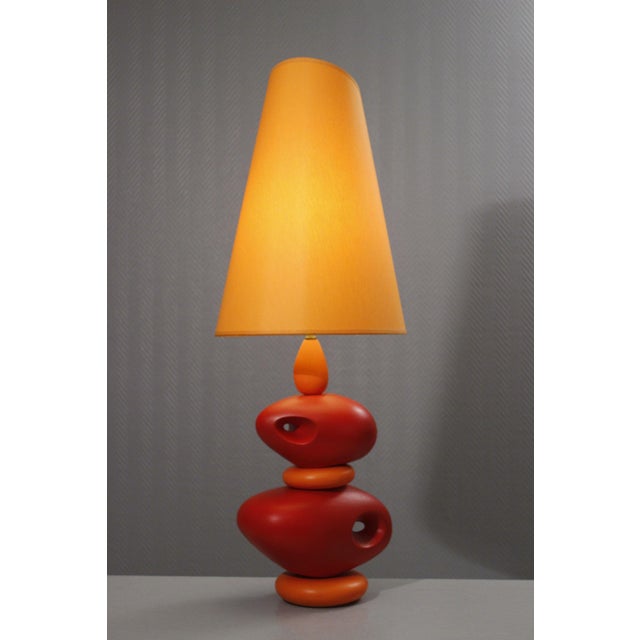 Large Drimmer lamp base circa 1980 in orange ceramic, post-modernist design reminiscent of François Chatain's work. Base...