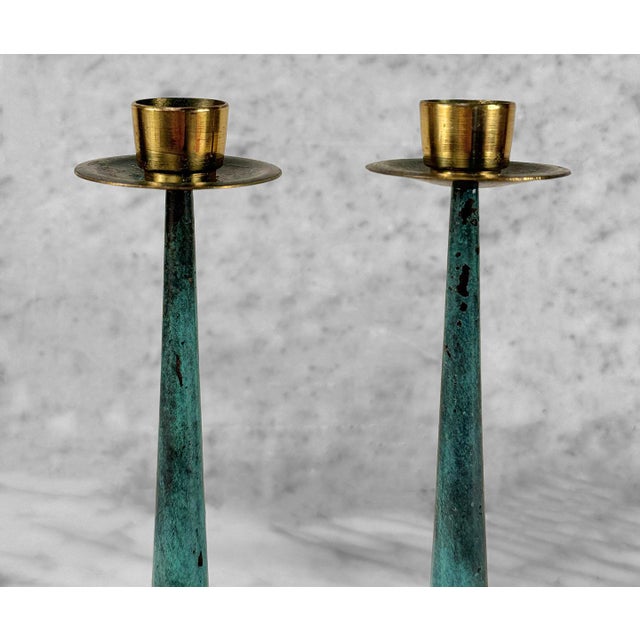 Mid-Century Brass & Verdigris Enamel Israel Candlestick Holder - A Pair For Sale - Image 4 of 9