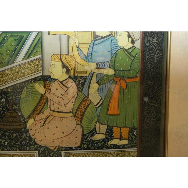 Antique Persian Hand-Painted Oriental Scenes on Silk in Frame, Set of 2 For Sale - Image 6 of 18