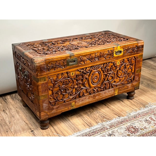 1970s Chinese Export Carved Camphor Wood Dowry Chest For Sale - Image 4 of 9