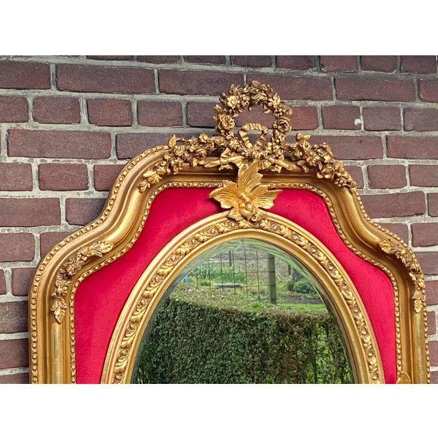 Mid-20th French Louis XVI Gold Velvet Wood Wall Mirror For Sale - Image 6 of 14