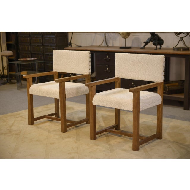 Brutalist Armchairs in Oak and Ecru Boucle Fabric, 1950s, Set of 2 For Sale - Image 14 of 14