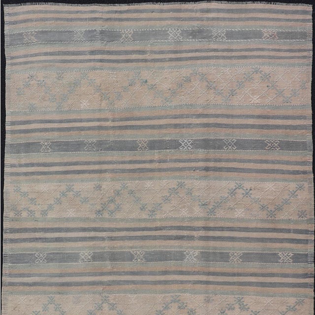Measures: 5'3 x 9'5 Vintage Turkish Flat-Weave Kilim with Embroideries in Blue, Brown, and Cream. Keivan Woven Arts / rug...