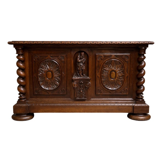 Renaissance Style Carved Wooden Chest with Twisted Columns For Sale