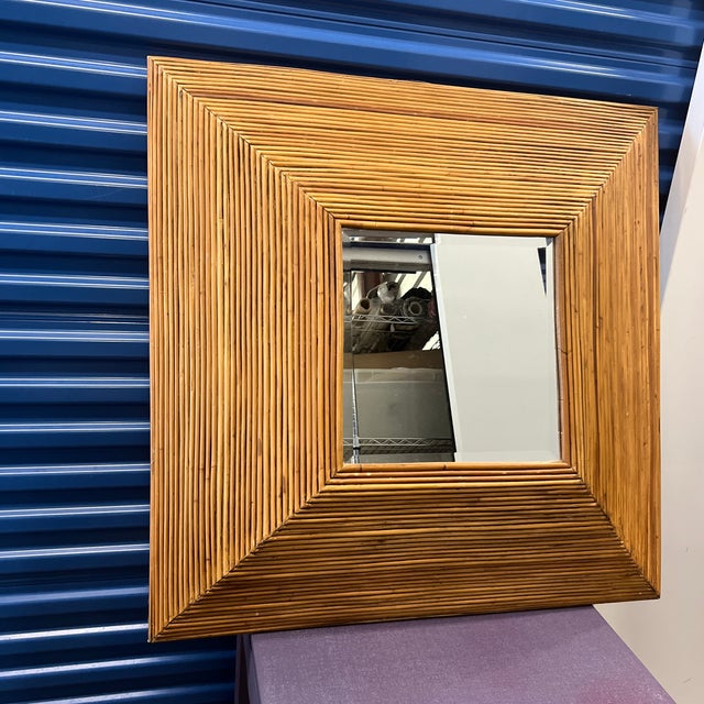 Mid-Century Modern Italian Faceted Rattan Mirror by Vivai Del Sud, Italy, 1970's For Sale - Image 3 of 6