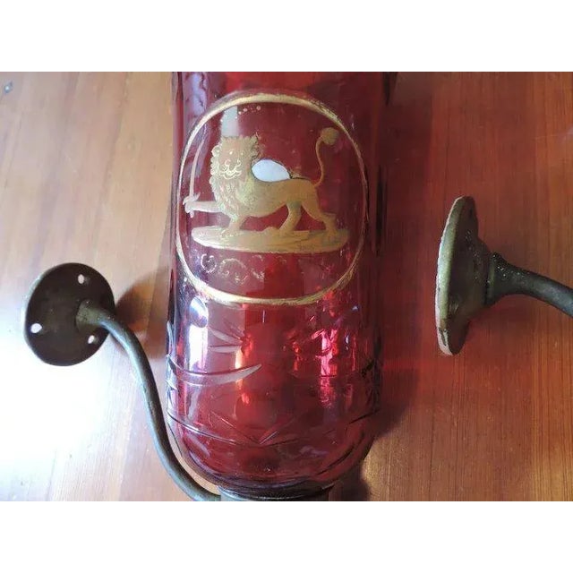 19th Century English Blown & Cut Ruby with Gilt Lion Crest Glass Wall Sconces - A Pair For Sale In New York - Image 6 of 11