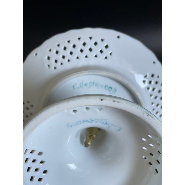 Baby Blue Antique Pedestal Openwork Candy Dish With Hand Painted Roses For Sale - Image 8 of 10