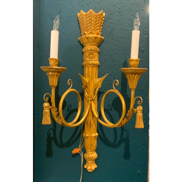 2000 - 2009 Myran Allan Luxury Lighting Italian Carved Wood Gold Wall Sconces - A Pair For Sale - Image 5 of 6