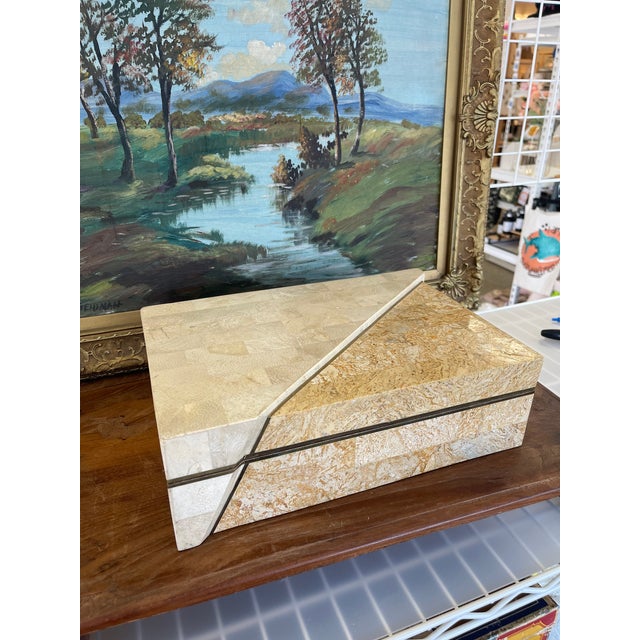 Vintage Possibly Tessellated Stone and Brass Toned Inlay Jewelry or Keepsake Box With Velvet-Like Interior. For Sale - Image 4 of 10