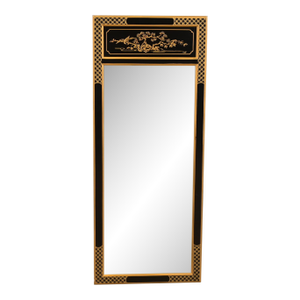 Drexel Heritage Hollywood Regency Chinoiserie Hand-Painted Black Lacquered Tall Wall Mirror
