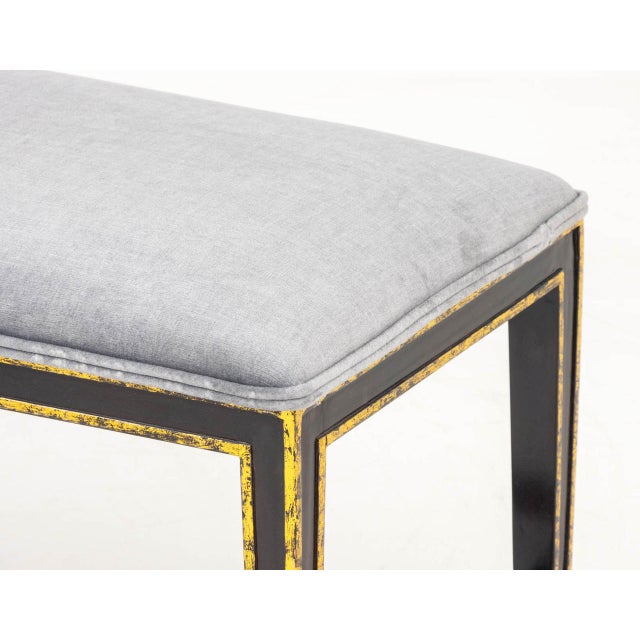 Modern Blue Gray Velvet Upholstered Ebonized Bench For Sale - Image 4 of 7