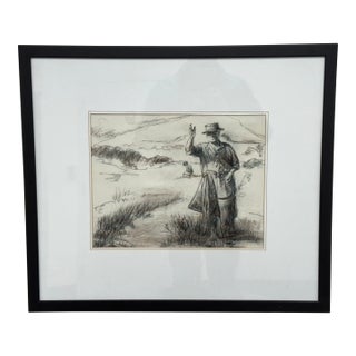 Drawing of European Laborer in Charcoal, Framed For Sale