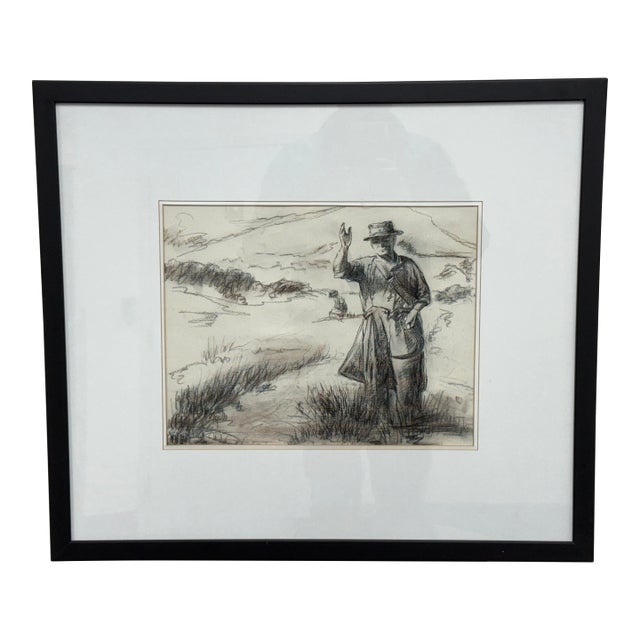 Drawing of European Laborer in Charcoal, Framed For Sale