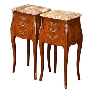 Pair Mid-Century French Louis XV Marquetry Bedside Tables With Marble Tops For Sale