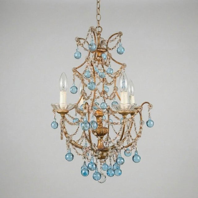 Cage Basket Chandelier with Azure Crystal Drops, 1960s For Sale - Image 9 of 9