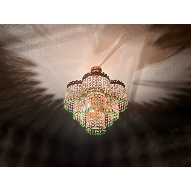 Vintage Crystal Tiered Flush Mount Chandelier With Green Crystal Accents - Restored For Sale - Image 13 of 18