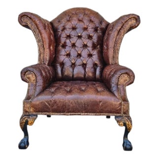 Attributed to Old Hickory Tannery Style Leather Wingback Tufted Chair For Sale