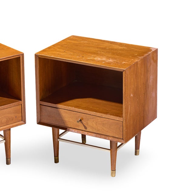 Paul McCobb Style Furnette Mid Century Walnut and Brass Nightstands - Pair For Sale - Image 11 of 11