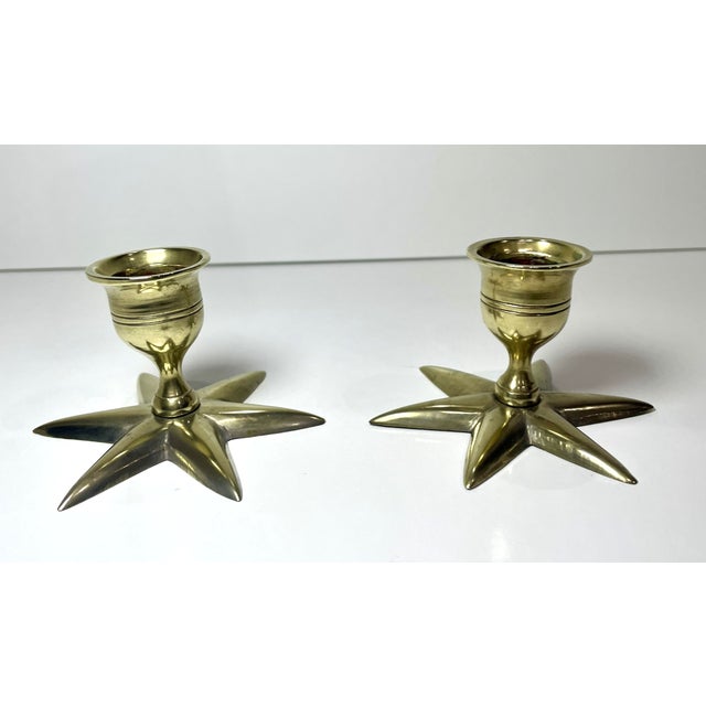 Pair of Vintage Brass Star Base Candlestick Holders For Sale - Image 4 of 4