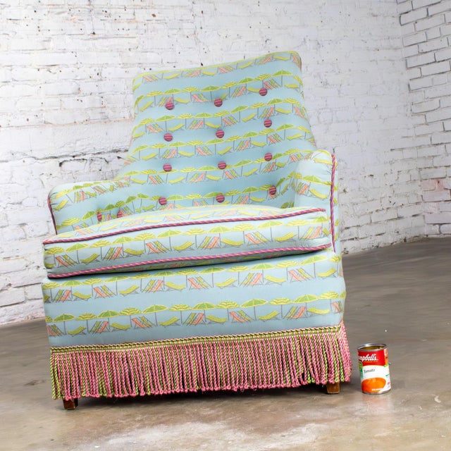 Mid-20th Century Traditional Art Deco Club or Lounge Chair Upholstered W/Beachy Fabric & Bullion Fringe For Sale - Image 18 of 18