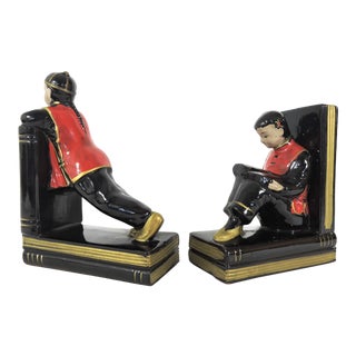 Vintage Mid-Century Black and Red Porcelain Chinese Student Figural Bookends, a Pair For Sale
