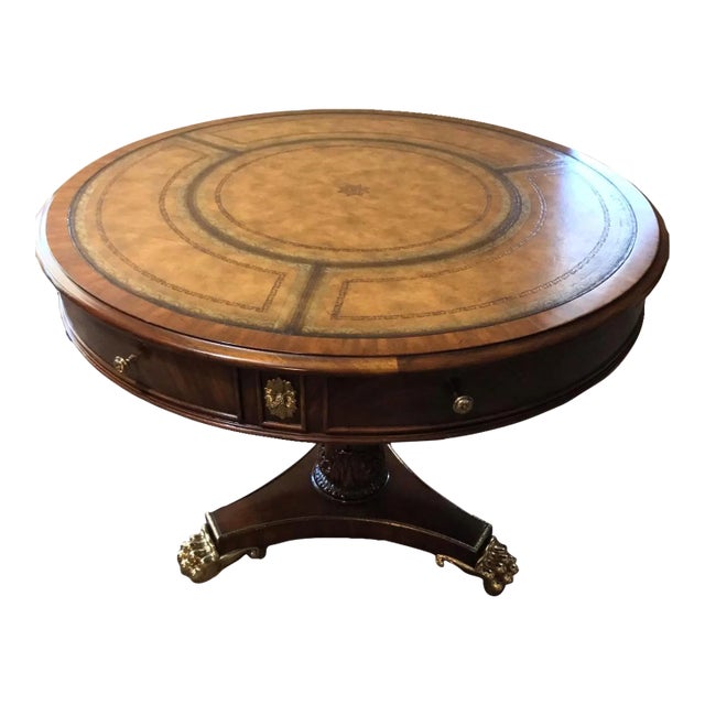 1970s Leather Top Maitland-Smith French Empire Regency Paw Feet Center Entry Table For Sale