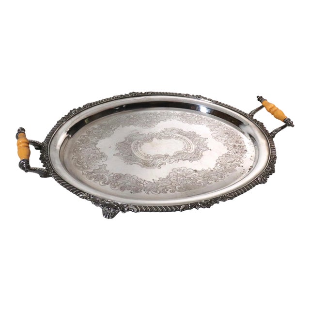 Vintage Silver on Copper Footed Serving Tray With Celluloid Handles For Sale