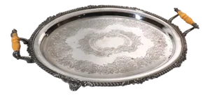 Vintage Silver on Copper Footed Serving Tray With Celluloid Handles
