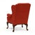 Late 20th century, cherry red damask upholstery, loose seat cushion, cabriole legs with scrolled carved knee, labeled