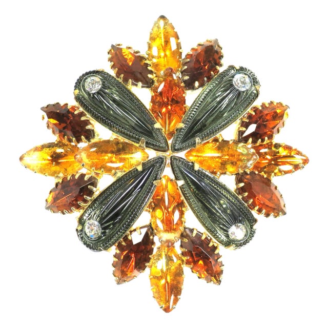 Vintage Citrine Crystal Art Glass Brooch 1950s For Sale