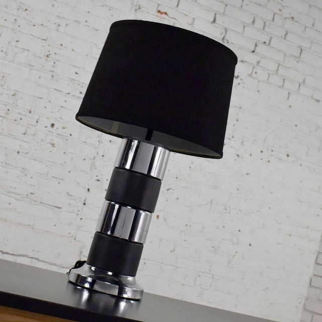 Mid 20th Century Art Deco Style Chrome and Black Horizontal Stripe Cylindrical Table Lamp Black Shade For Sale - Image 10 of 13