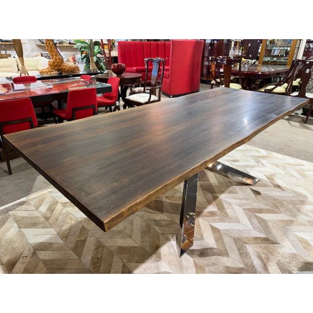 Live Edge Top and Chrome Base Dining Table For Sale - Image 4 of 7