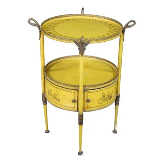 19th C French Yellow Toleware Tiered Tray Table Stand Chinoiserie Pastoral Scene For Sale