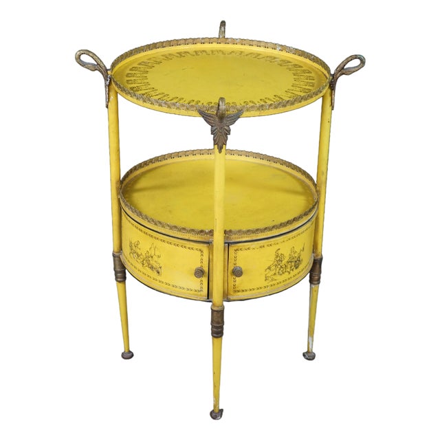 19th C French Yellow Toleware Tiered Tray Table Stand Chinoiserie Pastoral Scene For Sale