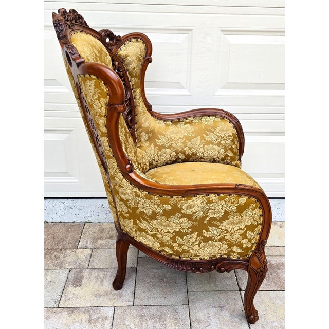 Brown Victorian Rococo Revival Carved Bird Crest Music Room Wingback Armchair For Sale - Image 8 of 18