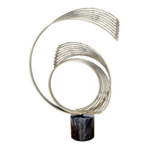 Black Marble Cylinder Base Abstract Circular Movement Wire Sculpture Curtis Jere