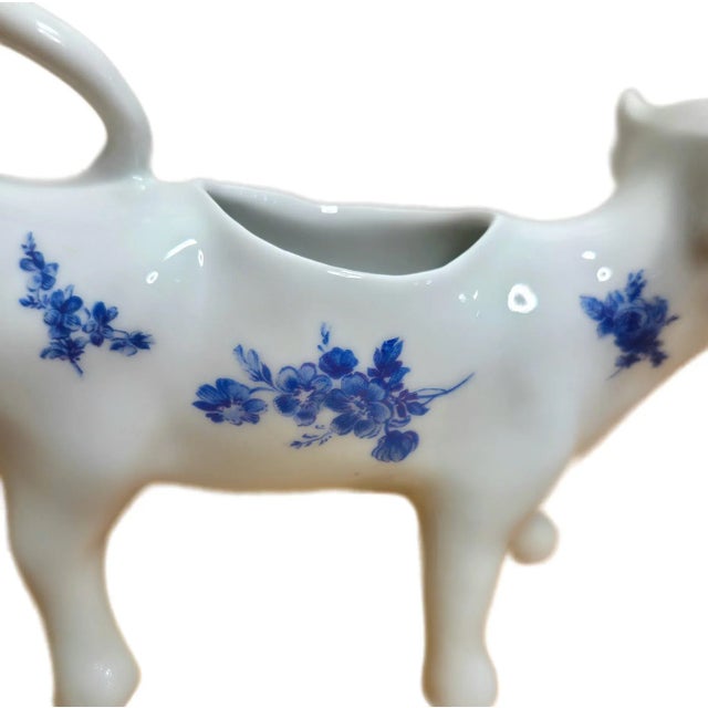 1950s French Porcelain Cow Creamer – Blue Floral Pattern | Marked “France f.d. Véritable Porcelaine” | 7” Long Ceramic Pitcher For Sale In Phoenix - Image 6 of 14