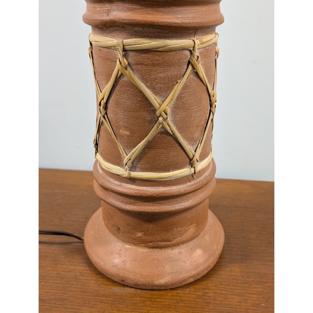 Wood Vintage Pottery Table Lamp With Woven Rattan Rope For Sale - Image 7 of 7