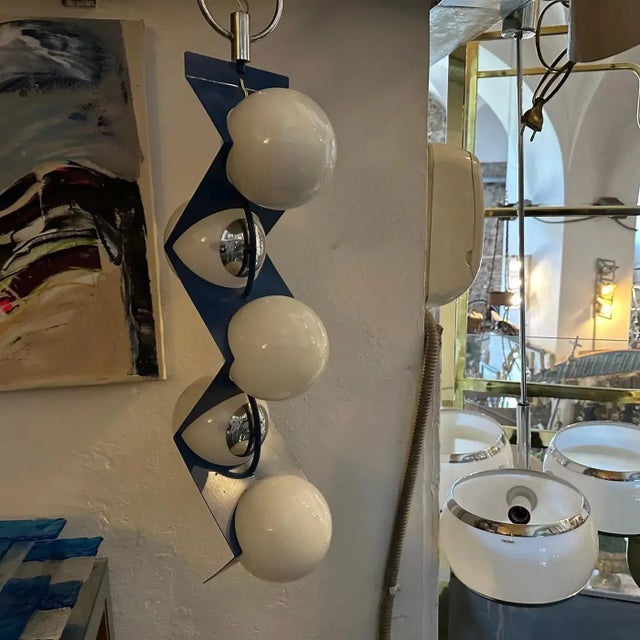 Mid-Century Modern 1970s Space Age Blue Metal and White Glass Italian Pendant For Sale - Image 3 of 11