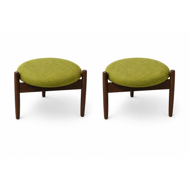 Mid-Century Modern Mid Century Style Round Walnut Ottomans With Lime Green Fabric For Sale - Image 3 of 4