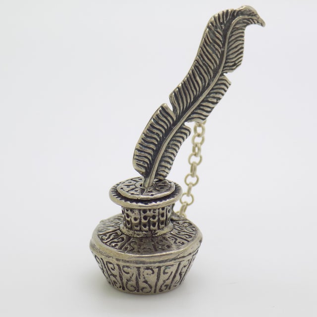 Italian Vintage Italian Handmade Genuine Silver .800 Pen & Inkwell Dollhouse Miniature For Sale - Image 3 of 11