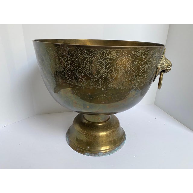 Late 20th Century Embossed Brass Pedestal Muti Bottle Wine Champagne Cooler Bucket Planter With Lion Handles For Sale - Image 9 of 11
