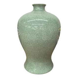 Light Green Crackle Ceramic Vase with Round Body For Sale