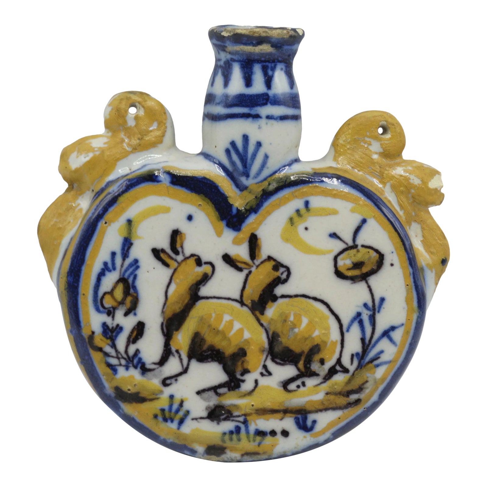 Antique French Faience Flask With Dog & Rabbits | Chairish